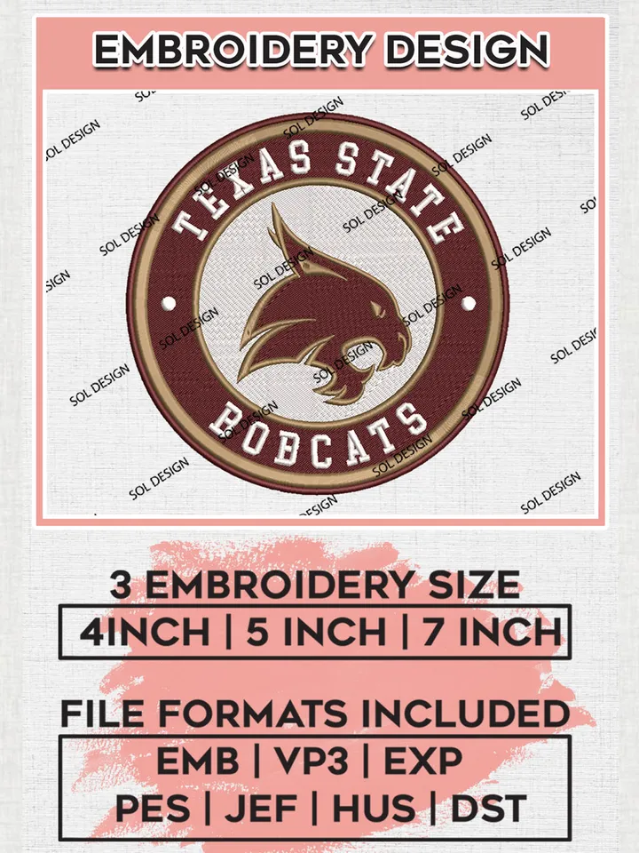 NCAA Texas State Bobcats Round Logo Embroidery, NCAA Texas State Bobcats Logo Embroidery files, NCAA Teams, Machine embroidery designs, Digital Download