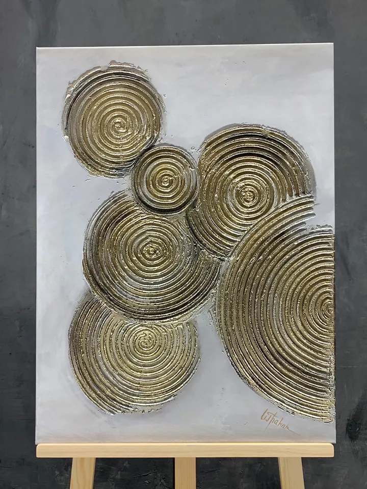 Golden circles wall art | Modern Abstract Painting | 3D Gold Effect Acrylic Art on Canvas 70x50 cm | Handmade Artwork | Abstract Expressionism Golden circles Painting