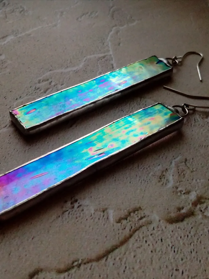Iridescent stained glass, clear earrings, cute rectangle earrings, dichroic earrings, duochrome earrings