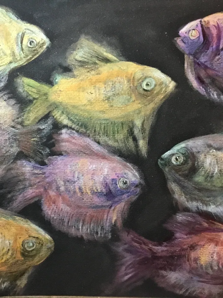 Fish aquarium painting, golden fish ,original watercolour and soft pastel painting,dark background.Home decoration.