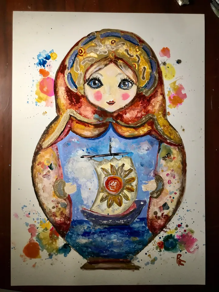 Russian fairytale matryoshka doll painting,original mix media painting on yupo paper,alcohol inks watercolour painting,modern wall art,gift.