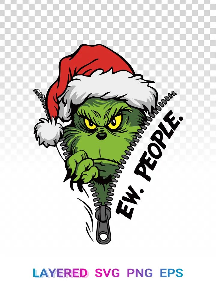 Grinch Zipper SVG, Ew People PNG, Transparent Christmas Hat