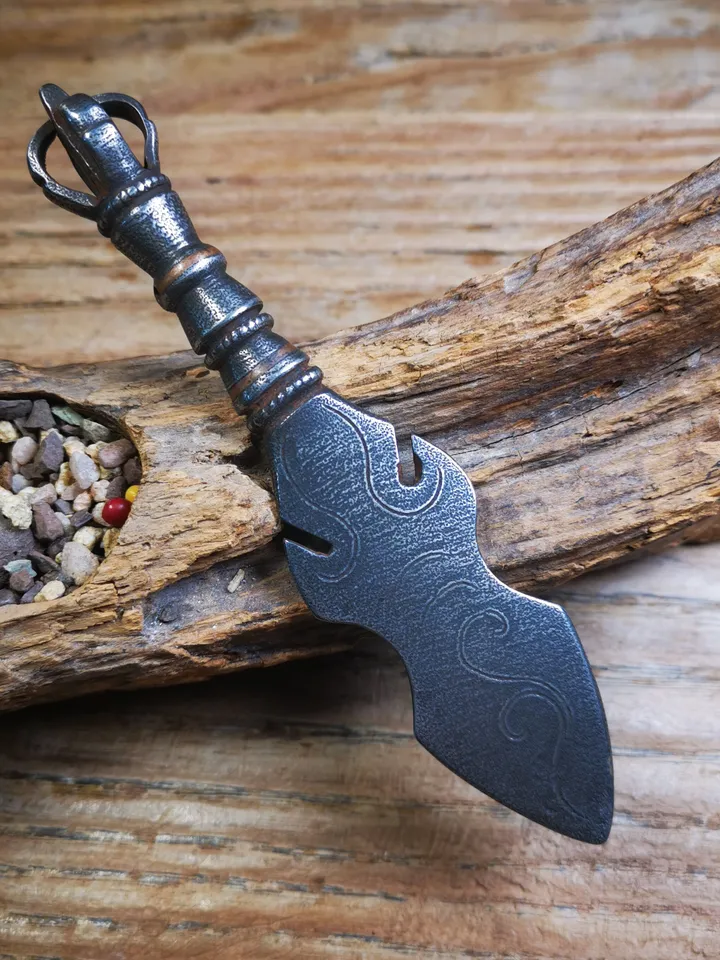Gandhanra Tibetan Amulet Kila Dagger (Dorje Phurba),Dharma Ritual,Altar Tool,Made of Cold Iron inlaid with Copper