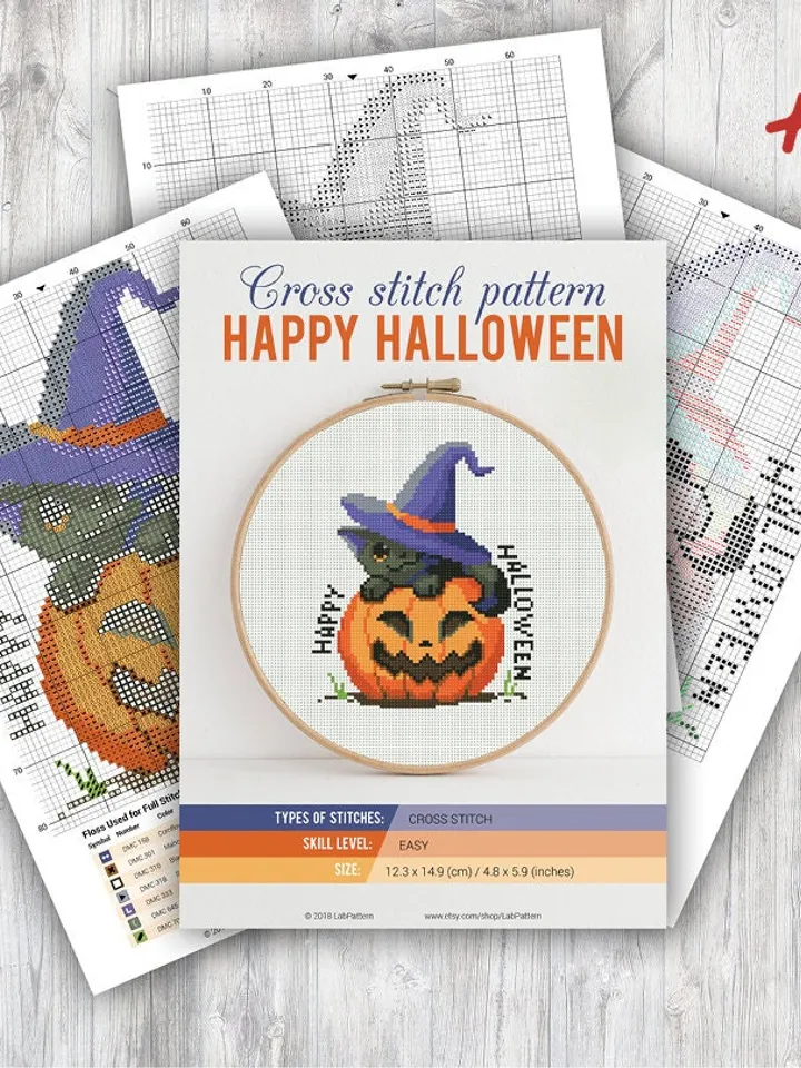 Happy Halloween Cat Pumpkin Witch Hat Cross stitch pattern Embroidery Pattern Instant Download Cross Stitch Patterns Embroidery Designs