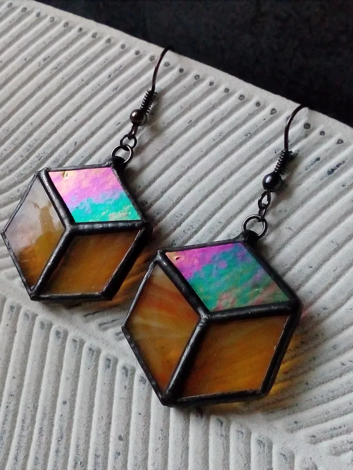 Cube hexagon geometric simple stained glass earrrings, honeycomb Iridescent earrings