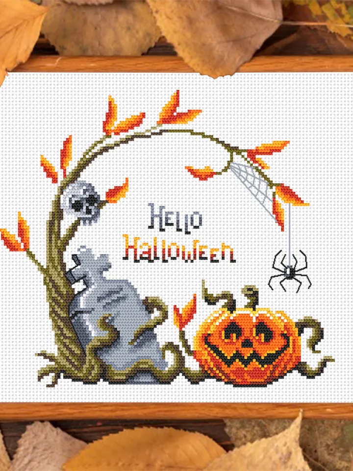 Hello Halloween cross stitch pattern download PDF Pumpkin cross stitch chart, Spooky Halloween pattern digital PDF Fall beginner stitch #H48