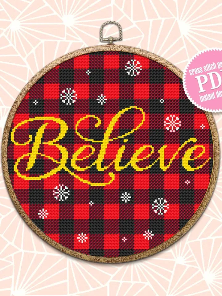 Buffalo plaid cross stitch pattern download PDF Believe Christmas cross stitch chart Merry Christmas pattern digital Holiday ornament #N34