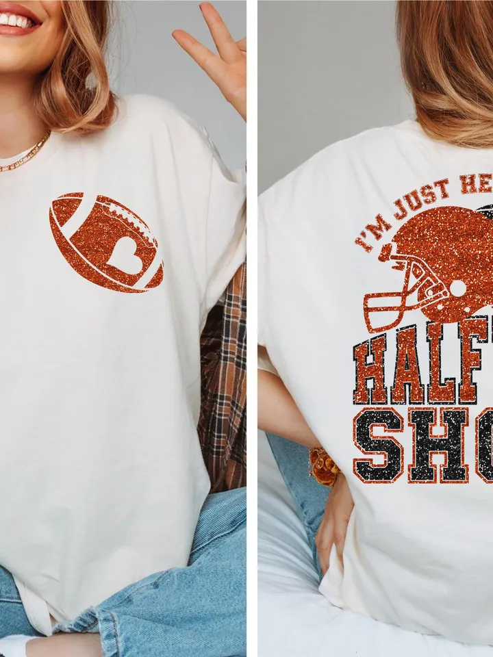 Just Here For Halftime Show Sparkly Faux Sequins Superbowl Png, Game Day Shirt Design, Trendy Superbowl Png, Orange Black Football PNG