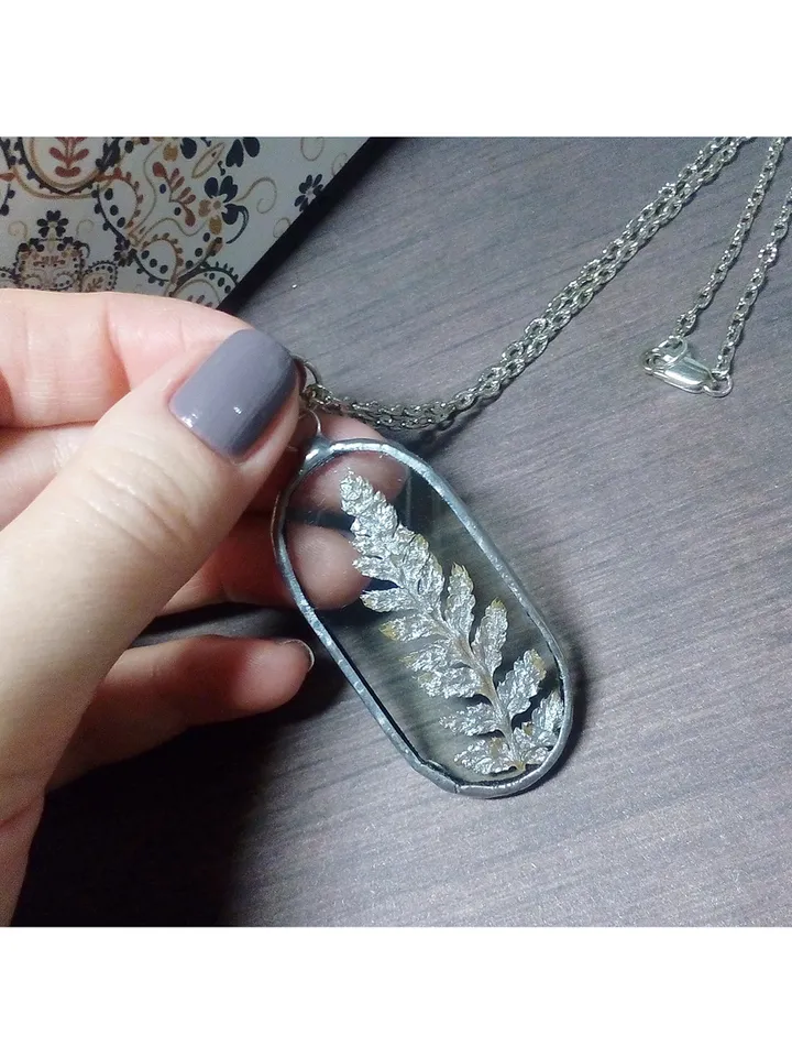 Valentine necklace, Stained glass necklace, pressed fern, Dry fern necklace, Terrarium pendaant
