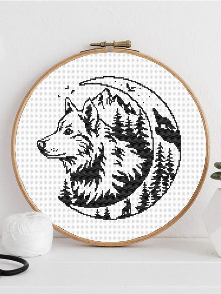 Wolf moon cross stitch pattern PDF download Silhouette wolf cross stitch chart, Monochrome nature pattern digital PDF, Forest landscape #L77