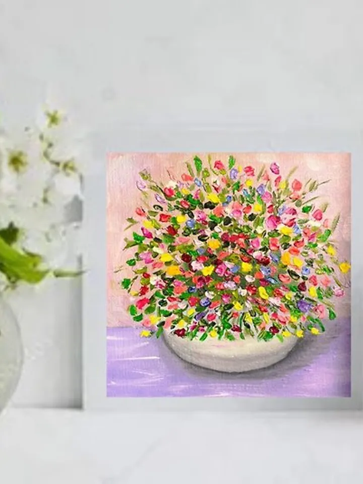 Oil Painting Bright Flowers in a White vase Impasto Art Miniature 6 x 6 inches