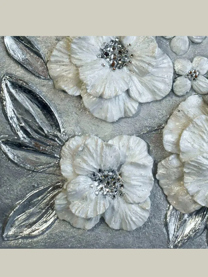 White Pearl Poppies Flower Textured artwork | Silver Glittery Original Painting Floral Art with Crystal