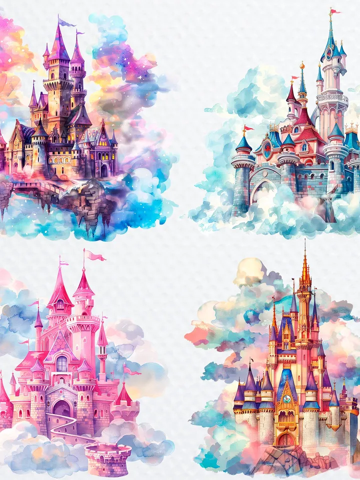 12 Princess Castle PNG Clipart, Watercolor Princess Castle In the clouds for sublimation, Princess Castle Paper craft, Junk Journals