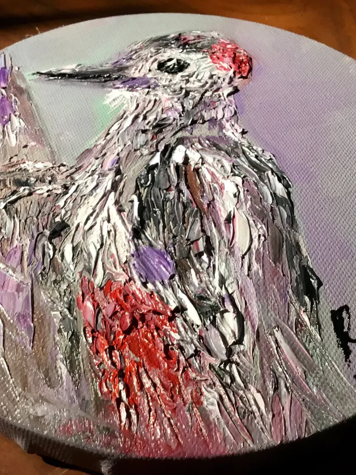 Woodpecker original oil impasto painting on round canvas,birds oil painting,kids or game room decoration,unique gift.