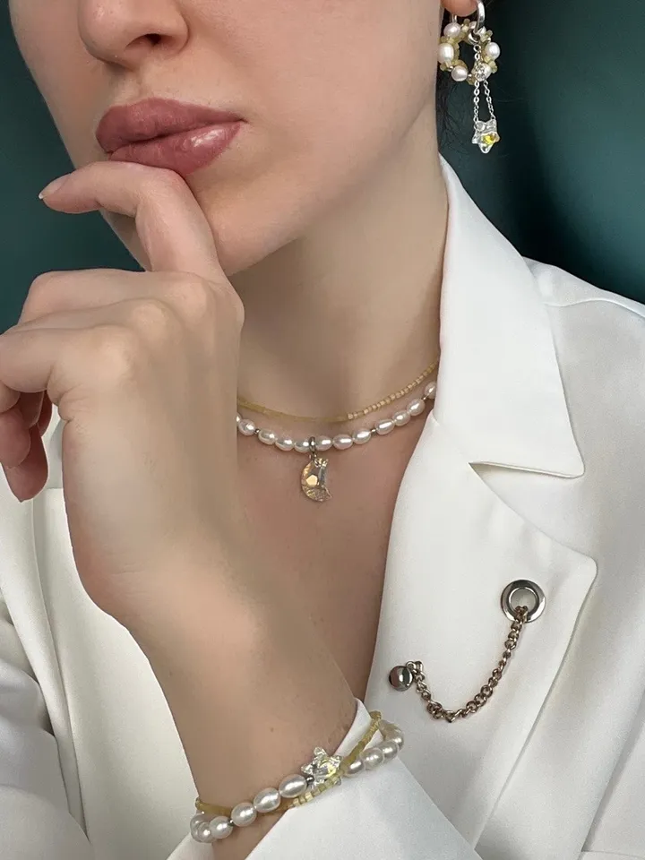 Pearl Jewelry Set Necklace Bracelet Earrings Swarovski pendant CRYSTAL SKY
