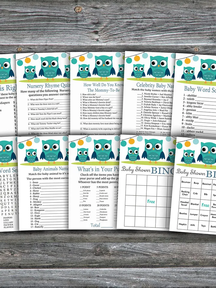 Owl baby shower games bundle,Owl Baby Shower games package,Fun Baby Shower Games,9 Printable Games-367