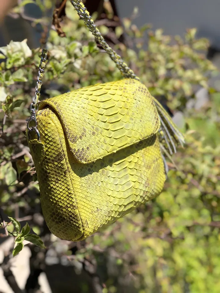 Genuine python skin crossbody chain yellow snake print tassel bag, summer bag elegant leather, snakeprint bag, convertable bag, yellow bag