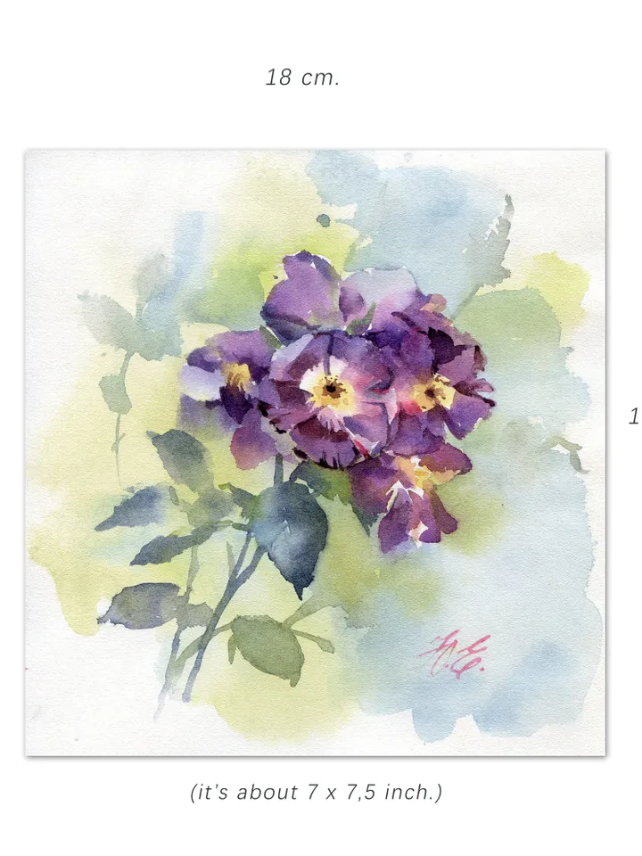 Violet roses painting / Original watercolor small art