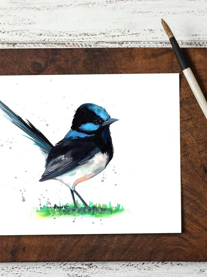 Blue fairy wren original watercolor, bird on the branch painting, colibri portrait room decor, 8x11 in wall art for bird lovers handmade by Anne Gorywine