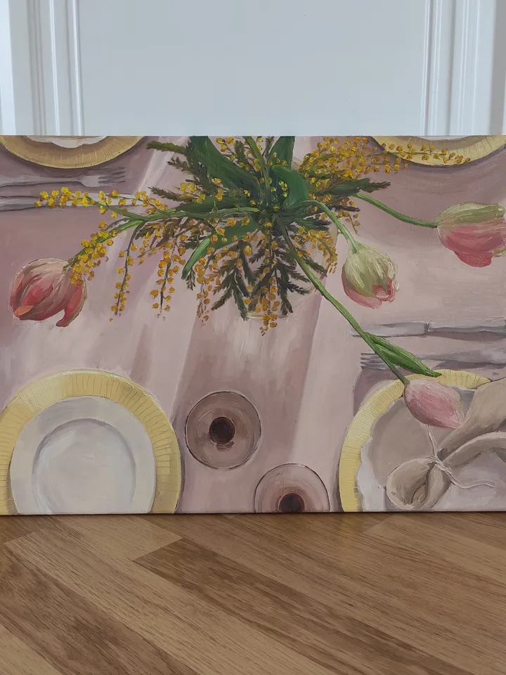 Oil painting on canvas Still life with mimosa