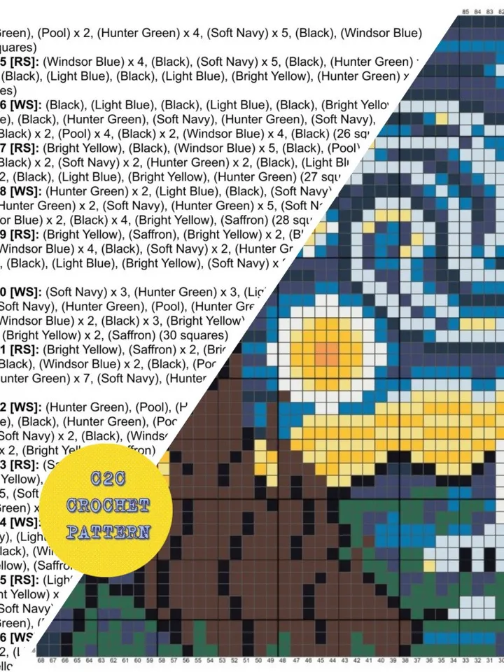 Crochet Pattern C2C Starry Night Vincent Van Gogh 1889 Vintage Counted For Crocheting Afghan Plaid Blankets Digital Download PDF