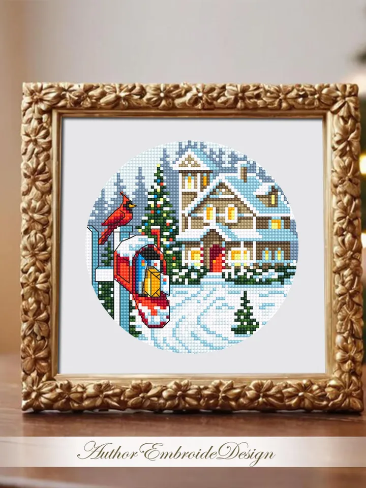 Christmas mailbox cross stitch pattern PDF download Winter landscape cross stitch, Merry Christmas pattern digital PDF Christmas house #N172