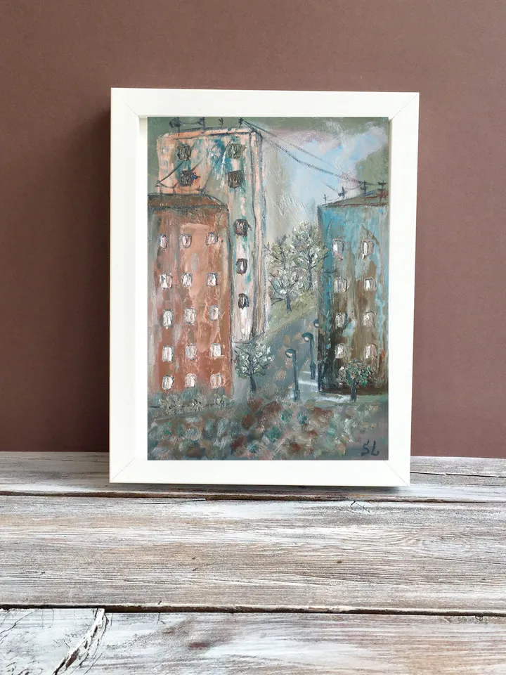 Oil Painting City Streets at Dawn, Empty Streets, Original Art, Handmade, Paper 12x8 inches