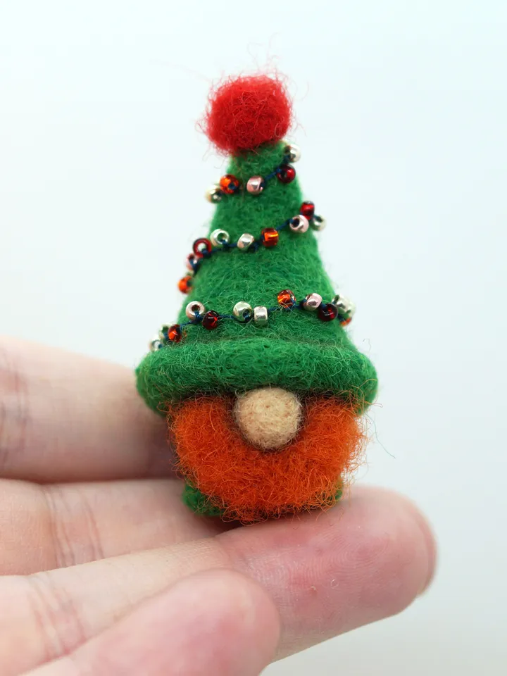 Miniature needle felted gnome, redhead gnome, ginger gnome, Christmas tree gnome, ready to ship from the USA