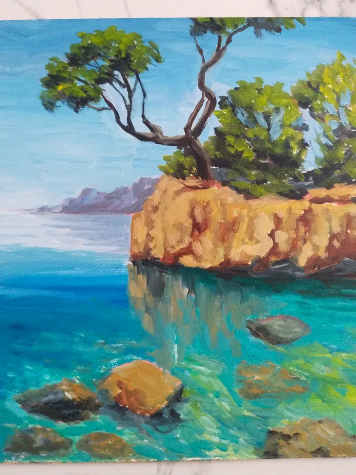 Seascape oil painting Landscape with rock seaside Twisted tree Turquoise water Croatia coast Fine art