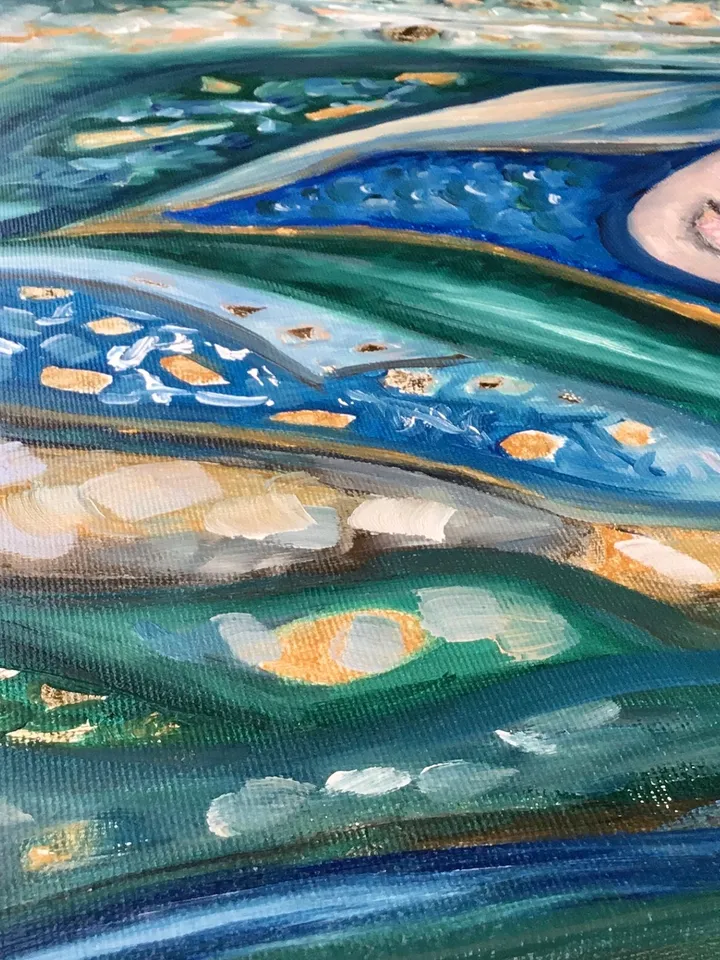 Blue nimpth-Mermaid original oil painting on canvas,one of a kind blue water nimph painting ,seamaid wall art,fantasy woman painting.