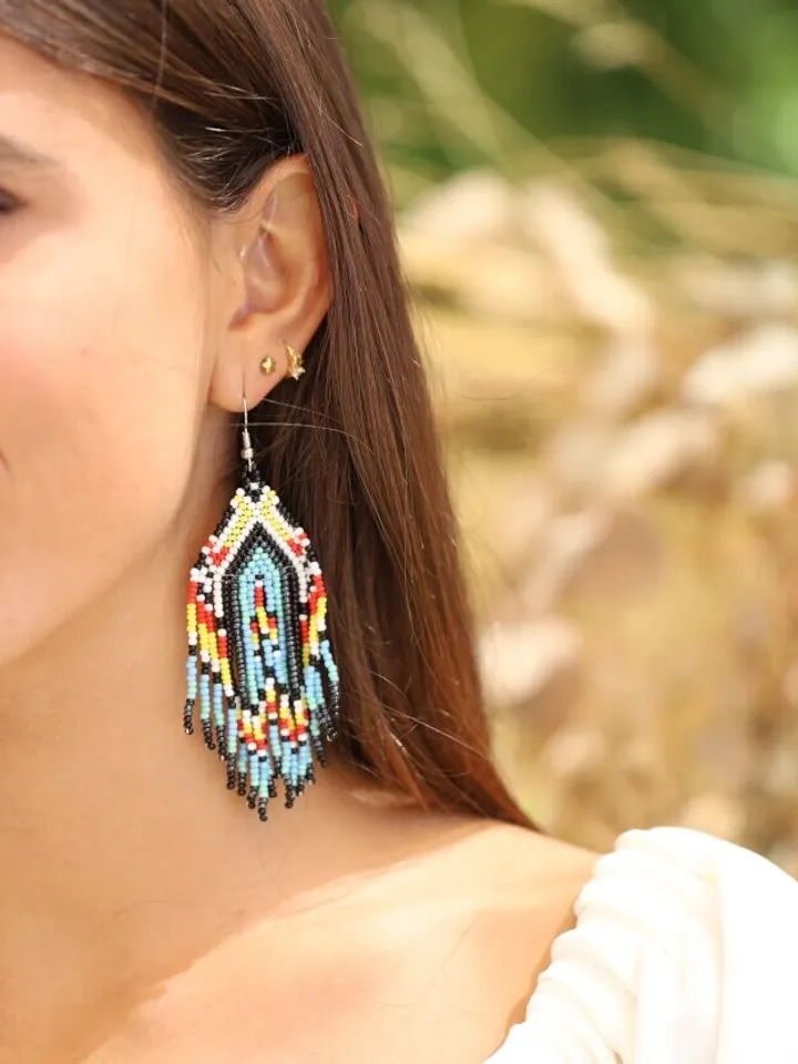 Blue Boho Wedding Earrings, Long Beaded Fringe Earrings, Chandelier Statement Bridal Earrings, Tassel Earrings, Bohemian Statement Jewelry,