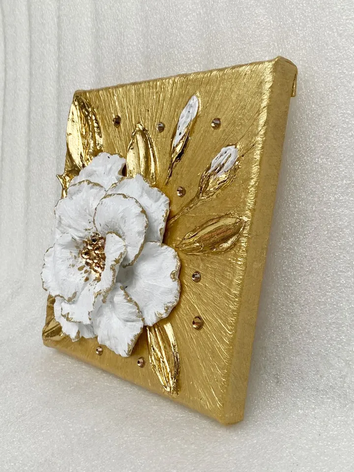 White and Gold Flower art Tea Rose Textured artwork Floral painting by Juliya JC