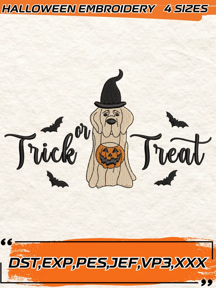 Trick Or Treat Dog Embroidery Design,Halloween Embroidery Design,4 Sizes, Digital Download