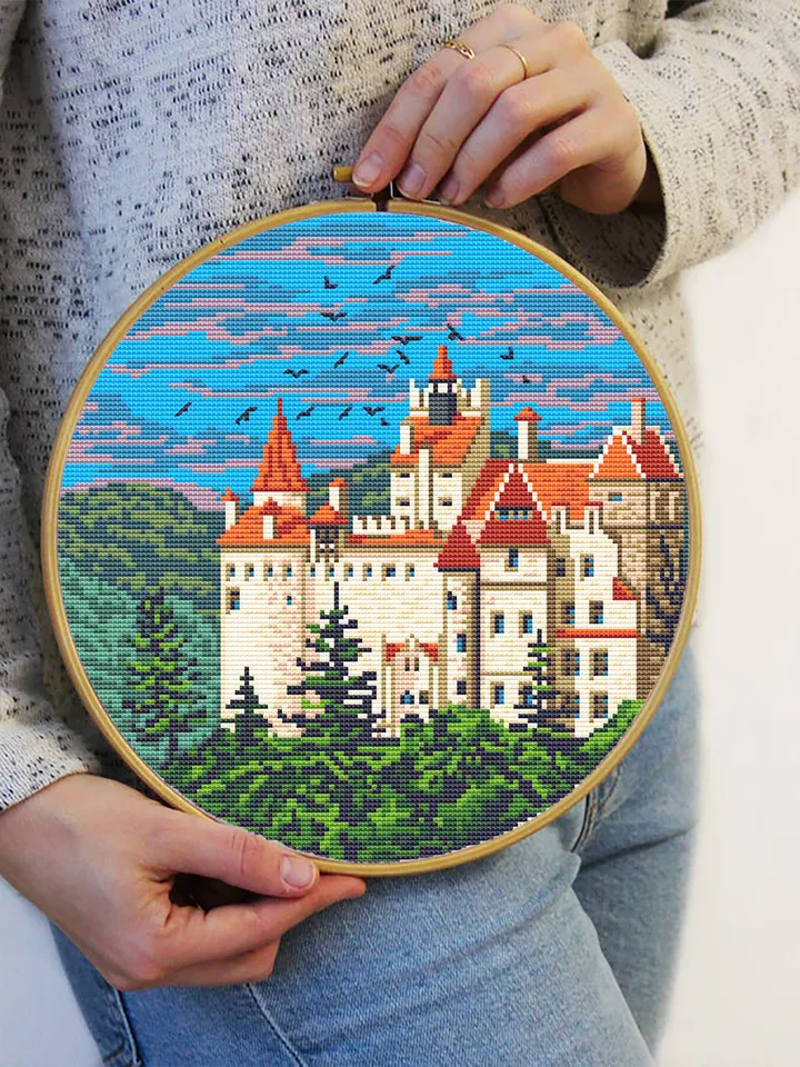 Dracula's Castle cross stitch pattern download PDF Old Bran castle embroidery PDF, Nature landscape cross stitch Medieval castle picture #C4