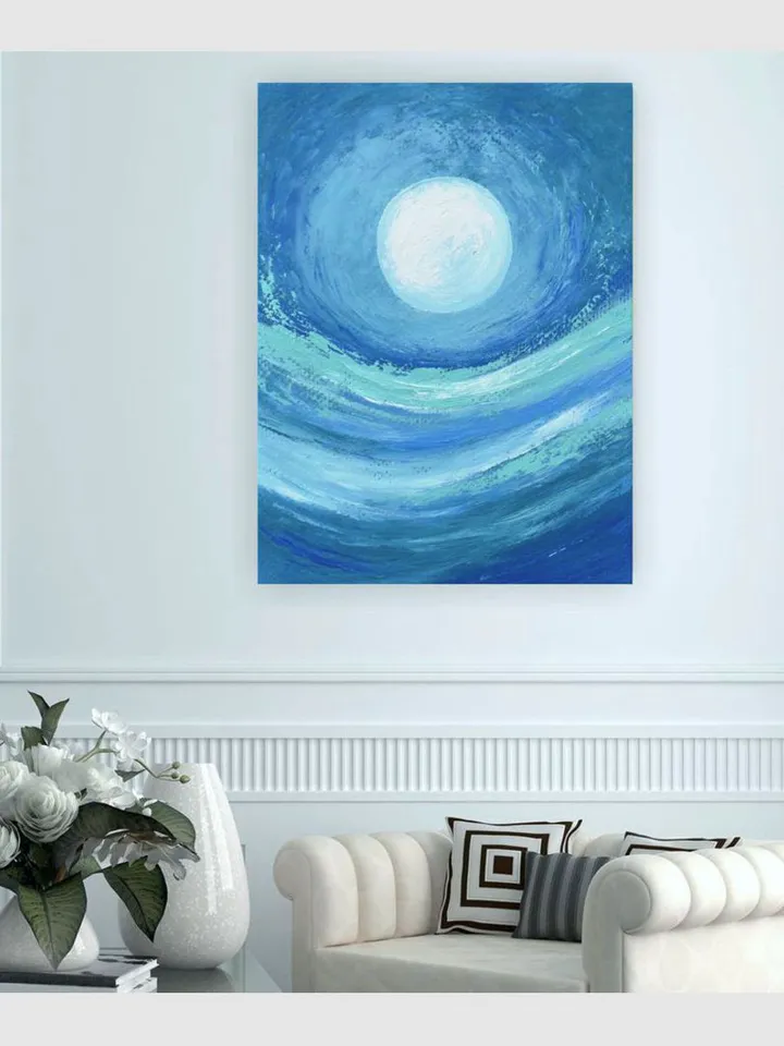 Moon Painting Blue Turquoise Abstract Wall Art on Canvas | Abstract Mountain landscape oil painting