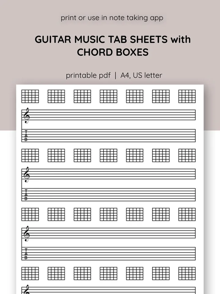 Blank printable guitar tabulature. Guitar tab and chord chart sheet Music. Blank guitar TAB sheet with chord boxes