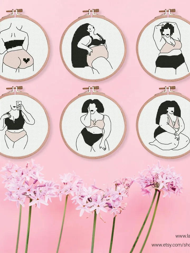 Bundle of 6 mini woman body art Cross stitch patterns, contemporary, Abstract, beginner counted, modern chart, DIY, embroidery, instant PDF