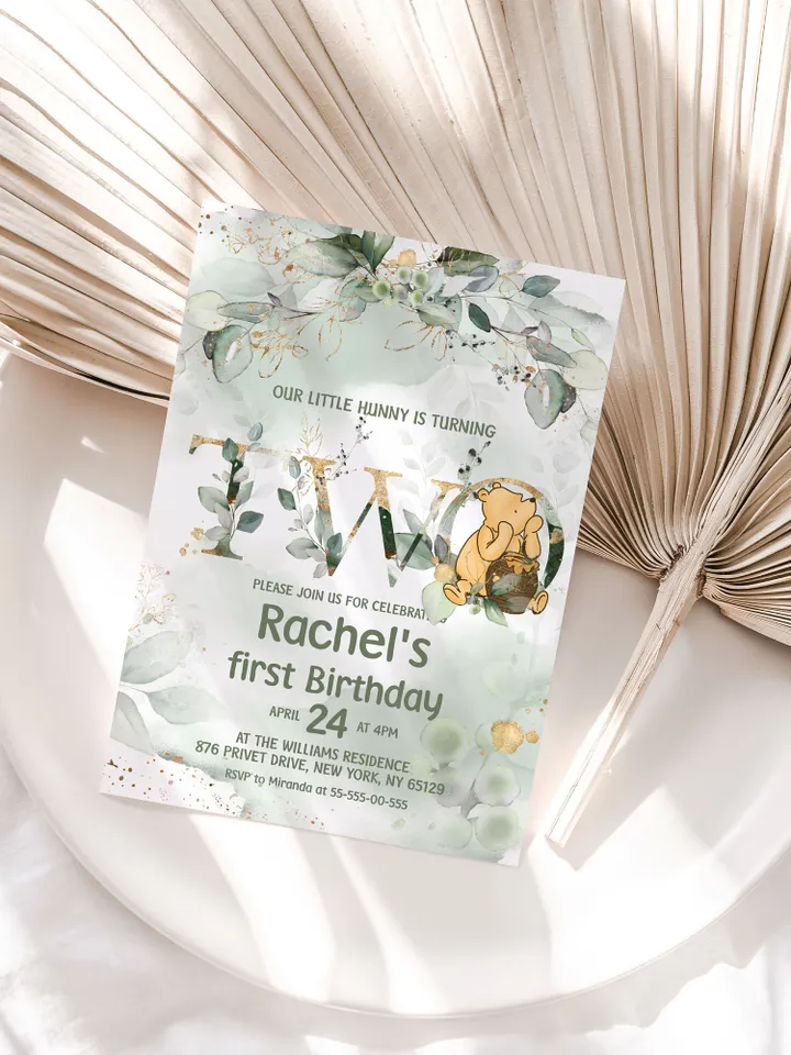 Classic Winnie Pooh Baby Birthday Invitation; Winnie Pooh Baby Birthday ; Greenery Baby Birthday; Honey Bear Birthday; Winnie Pooh wp