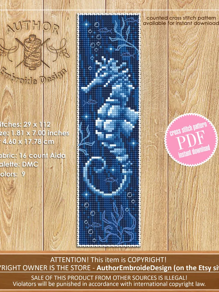 Under the sea bookmark cross stitch pattern PDF download Seahorse cross stitch chart, Digital bookmark pattern PDF Seahorse art, Ocean #B168