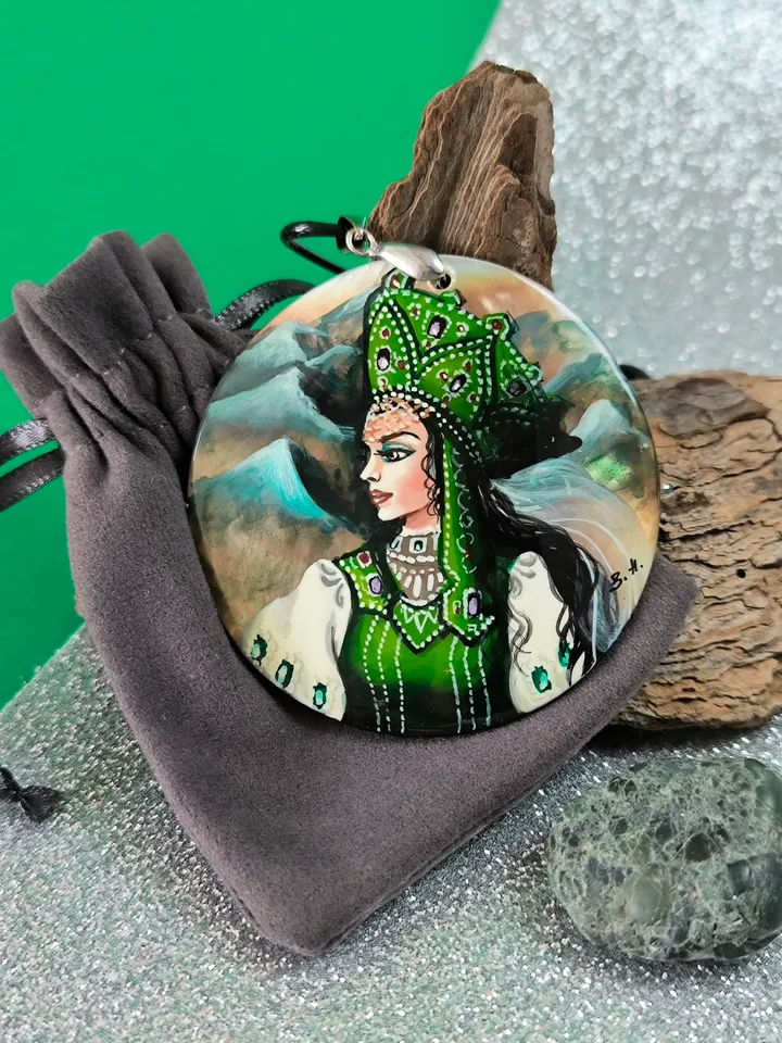 Pearl pendant necklace: Mistress of the Copper Mountain painted on elegant pendant. Russian cutie on handmade jewelry shell. Outstanding art