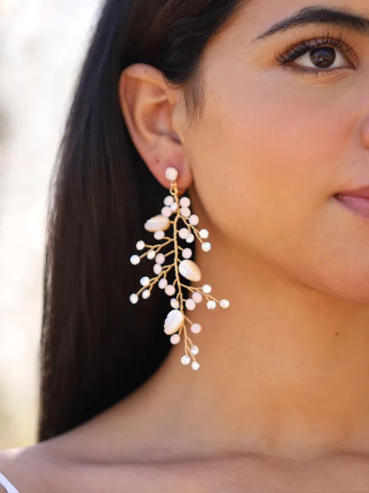 Opal Boho Wedding Earrings, Swarovski Crystal Long Bridal Earrings, Boho Bridal Earrings, Chandelier Statement Leaf Wedding Earrings Jewelry