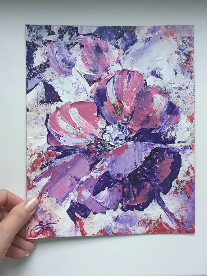Abstract painting with garden flowers, "Peony flower", original acrylic painting on cardboard 25x20cm in a white wooden frame