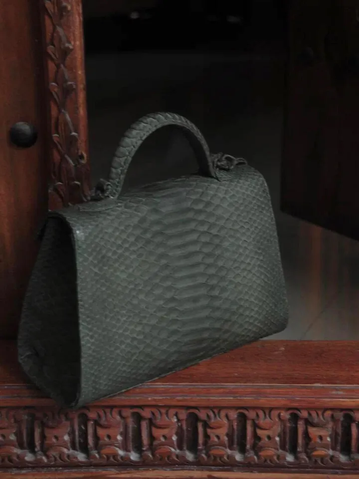 Top handle green khaki classy IDA genuine python skin bag | exotic leather bags | Elegant everyday women purse | snakeskin bag| designer bag
