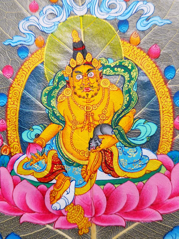 Gandhanra Handpainted Bodhi Leaf Thangka,Packed in Wooden Picture Frame,Painted with Natural Mineral Pigments,Yellow Jambhala Thangka