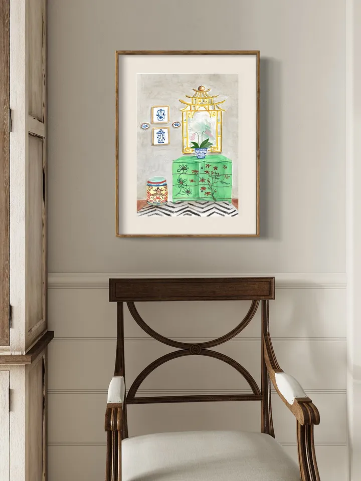 Chinoiserie Decor Watercolor Painting Print Green Chinoiserie Wall Art Painting Of Interior Ginger Jar Impressionist Art Christmas Art Gift