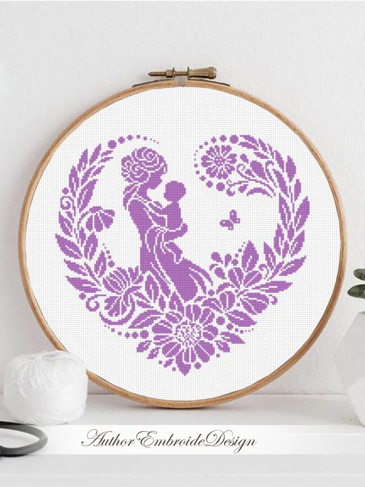 Silhouette mother baby cross stitch pattern PDF download Floral heart cross stitch chart, Monochrome pattern digital, Mothers day gift #O20