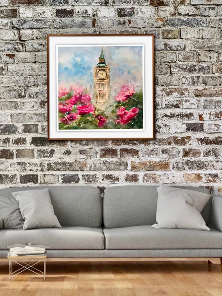Big ben ,London painting ,original watercolour painting ,pink flowers painting,foggy landscape painting,wall art ,handmade home decoration
