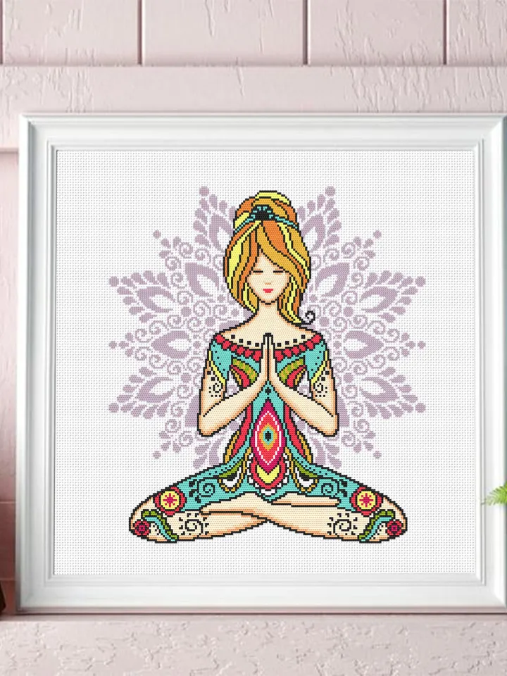 Yoga girl with mandala cross stitch pattern download PDF Yoga cross stitch chart, Chakra meditation cross stitch, Yoga art, Home decor #M187
