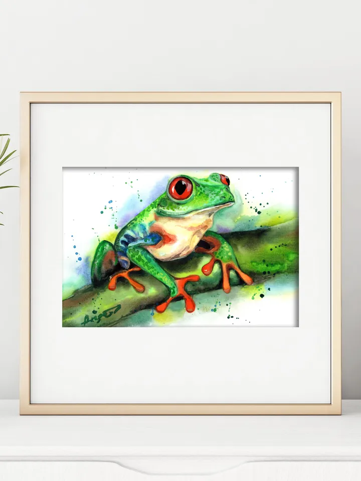 Green frog Original watercolor, frog painting, wall decor, 8x11 in handmade art by Anne Gorywine