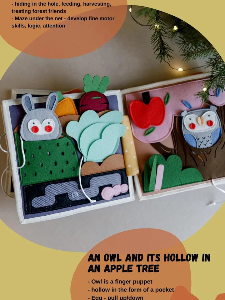 quiet book with forest animals made of felt and fabric for toddler 1,2,3 years old, handmade montessori baby activity toys, Kinderkrama